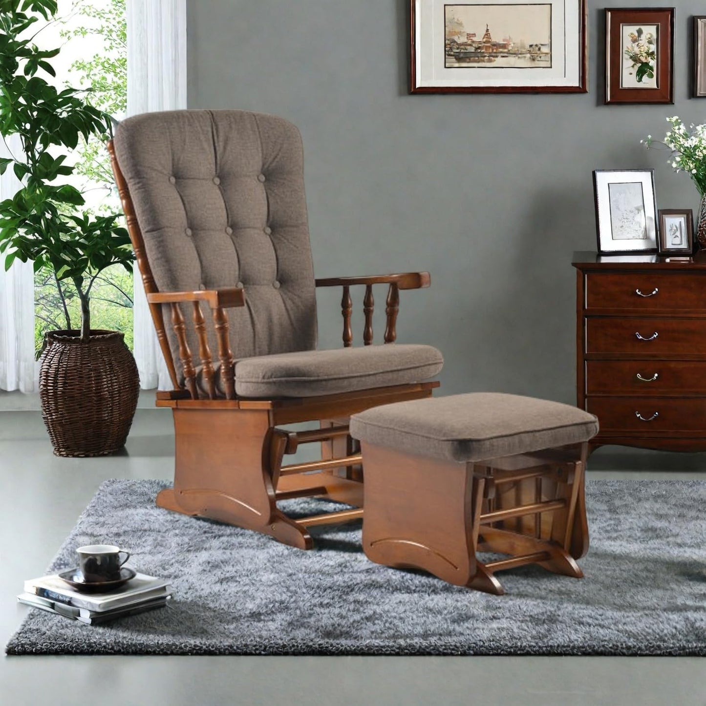 Rubber Wood Gliding Rocking Chair for Nursery, Rocking Chair Glider Rocker with Arm Rest, Padded Cushion for Living Room Bedroom Reading Room, 280lbs Weight Capacity, Blue