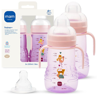 MAM 8 oz Trainer + Sippy Cup 2-Pack, 4+ Months 2-in-1 Baby Training Cup with Nipple & Silicone Spout, Spill Proof, BPA Free, Dishwasher Safe, Made In Europe