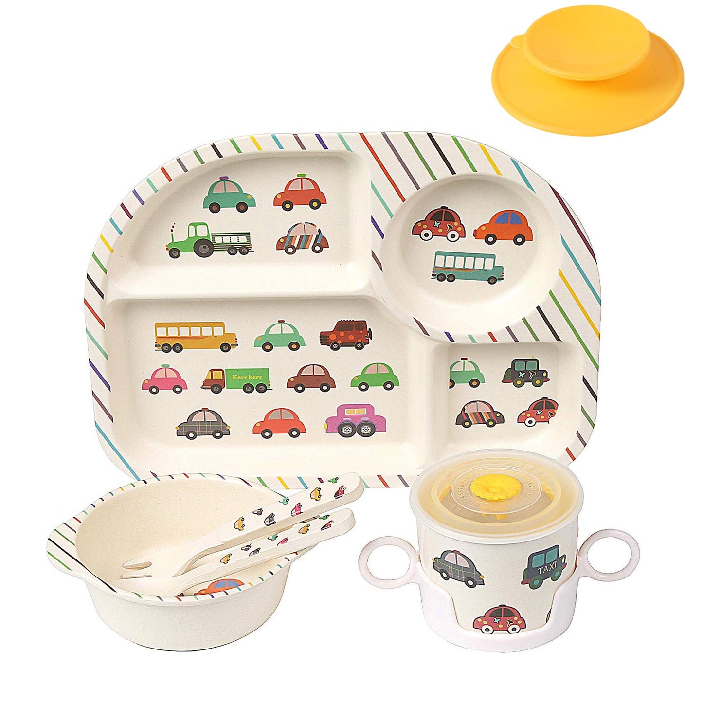 shopwithgreen 7Pcs/Set Bamboo Kids Dinnerware Set - Children Dishes - Food Plate Bowl Cup Spoon Fork Set Dishware, Cartoon Tableware, Dishwasher Safe Kids Healthy Mealtime, BPA Free