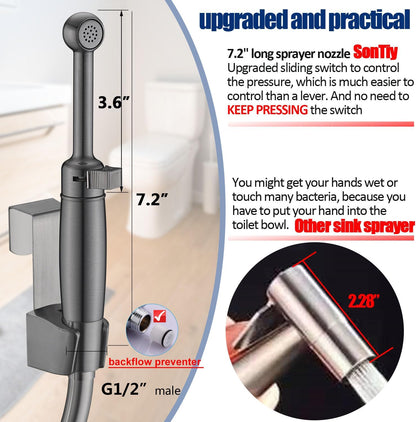 SonTiy Handheld Bidet Sprayer for Toilet, All Metal Cloth Diaper Toilet Sprayer Bidet Attachment with Backflow Preventer, Adjustable Water Jet Spray, 7.2" Brass Hand Held Bidet Wand, Chrome