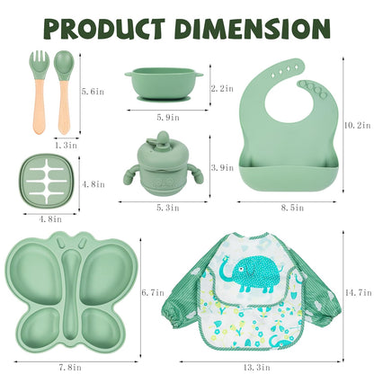 Silicone Baby Feeding Set, Baby Led Weaning Supplies, Baby Food Tableware Silicone Suction Plate, Bowl, Spoons, Fork, Waterproof Bib, Cup & Complementary Food Cake Mold, Baby Eating Utensils