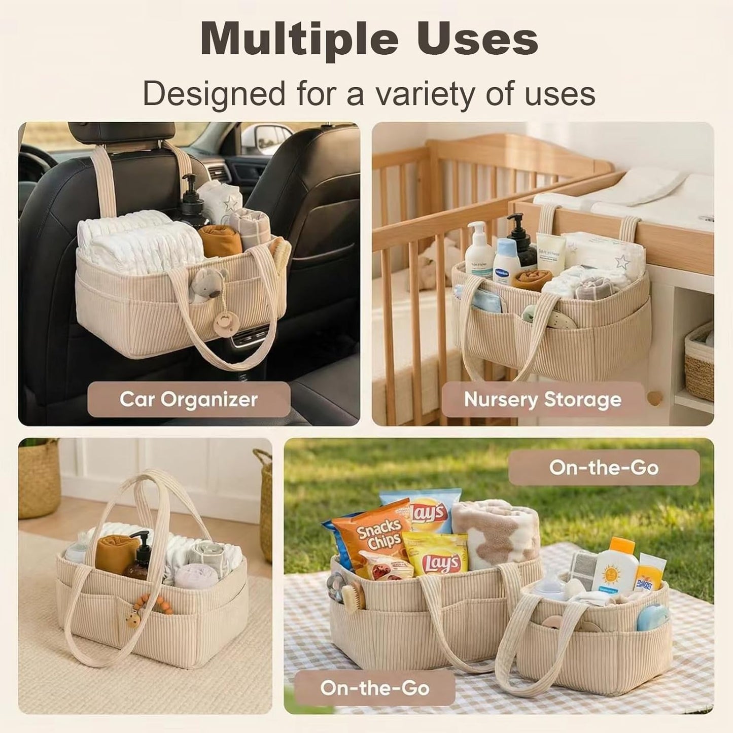 SVNR Baby Diaper Caddy Organizer - 14x9x7 Inch Corduroy Nursery Storage Baske with Removable Dividers, Baby Registry Must Haves, Portable Baby Changing Station for Essentials, Corduroy Cream