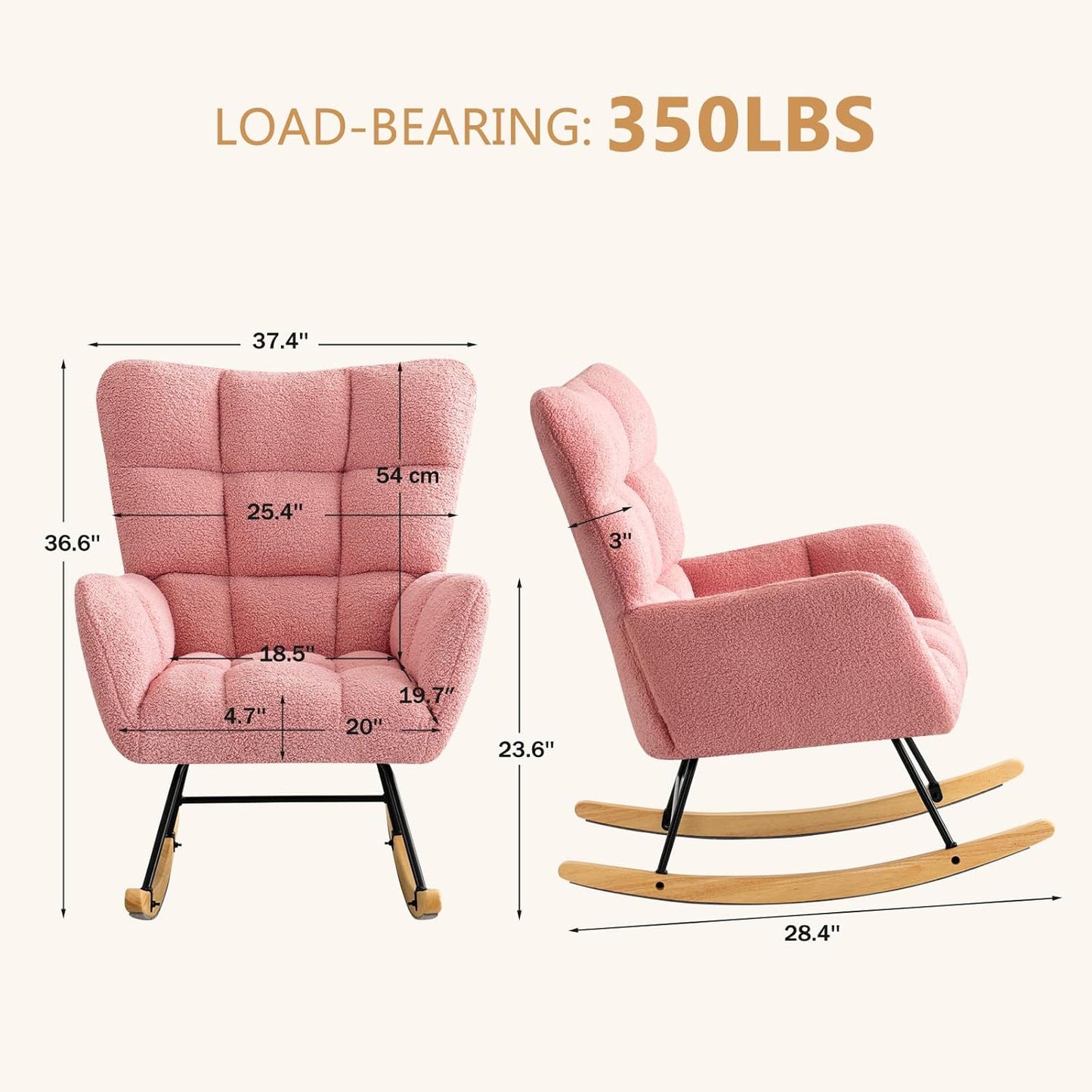 Furniliving Nursery Rocking Chair Upholstered Glider Rocking Chair Modern Accent Chair Padded Seat Reading Chair with High Backrest Comfy Chair for Living Room, Bedroom, Nursery, Black, Teddy