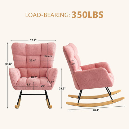 Furniliving Nursery Rocking Chair Upholstered Glider Rocking Chair Modern Accent Chair Padded Seat Reading Chair with High Backrest Comfy Chair for Living Room, Bedroom, Nursery, Black, Teddy