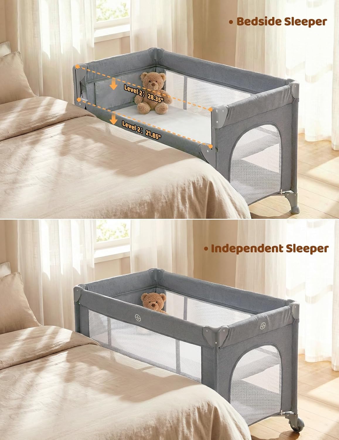 Dripex 5 in 1 Pack n Play Bedside Sleeper, 2-Level Height Baby Crib, Storage Pocket & Breathable Mesh - Foldable Portable Baby Bedside Bassinet for 0 to 12 Months (Travel/Home), Dark Grey