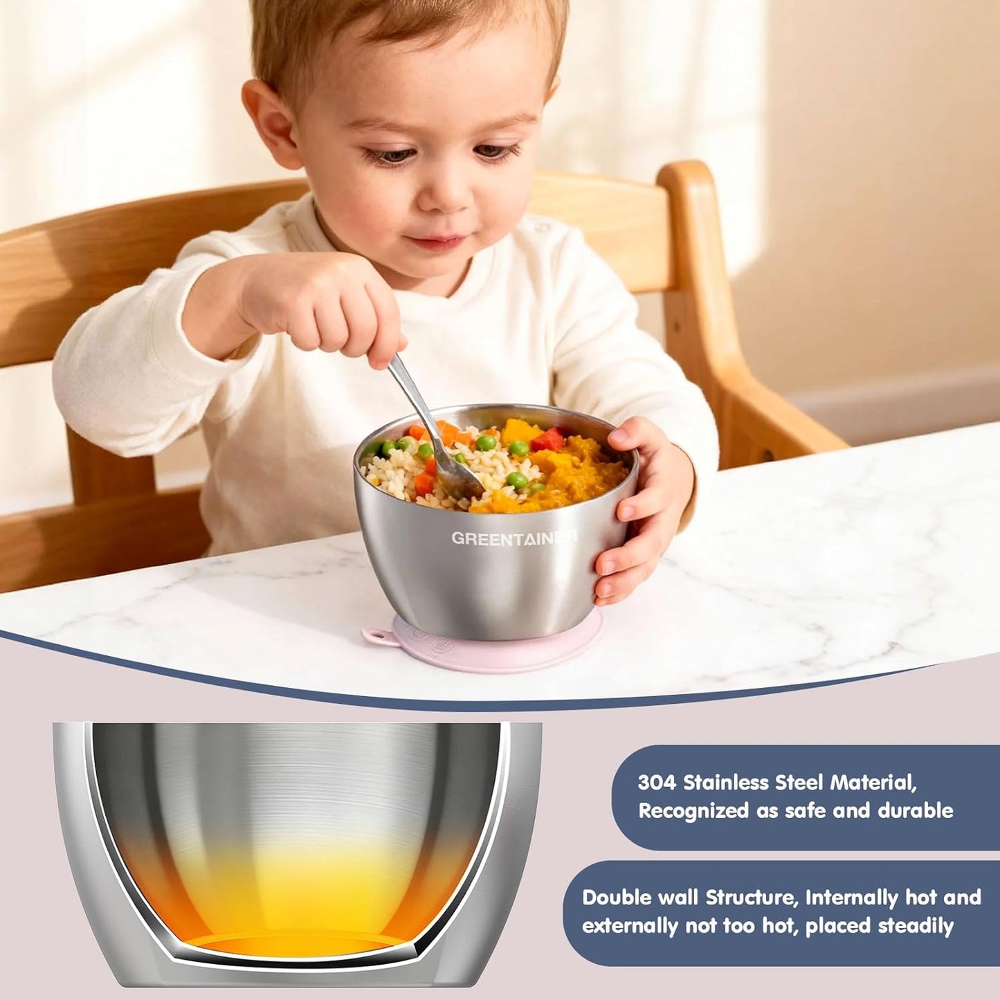 Greentainer Stainless Steel Baby Bowl Set of 3, Double Wall Insulated, Unbreakable Toddler Bowls with Removable Silicone Suction Base, Non-Slip, Dishwasher Safe, BPA-Free for Infants 6+ Months (Green)