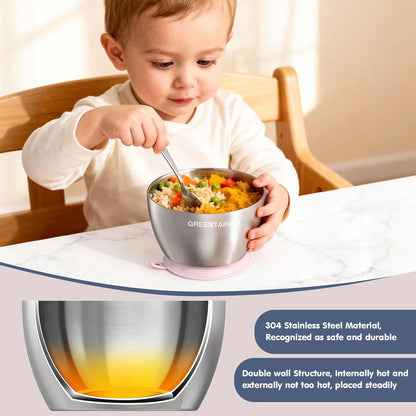 Greentainer Stainless Steel Baby Bowl Set of 3, Double Wall Insulated, Unbreakable Toddler Bowls with Removable Silicone Suction Base, Non-Slip, Dishwasher Safe, BPA-Free for Infants 6+ Months (Green)
