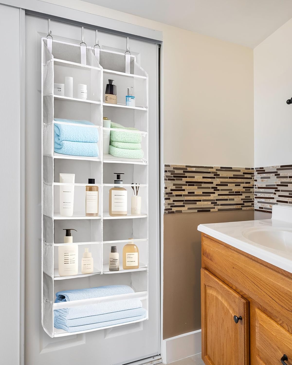 ULG 1 Pack Over Door Organizer with 5 Large and 10 Mesh Side Pockets, 44 lbs Weight Capacity Hanging Storage with Clear Window Kids Toys, Shoes, Diapers, Dark Grey, 5 Layers