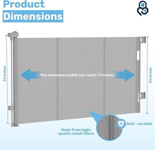 Baby Proof Me Retractable Baby Gates for Stairs & Doorways - 71” Wide Mesh Safety Gate for Toddlers, Dog & Pets - Use for Indoor/Outdoor, Hallways, Deck, Porch - Easy Installation, Secure Closure