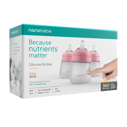 Nanobebe Flexy Silicone Baby Bottle, Anti-Colic, Natural Feel, Non-Collapsing Nipple, Non-Tip Stable Base, Easy to Clean 4-Pack, Pink/White, 5 oz