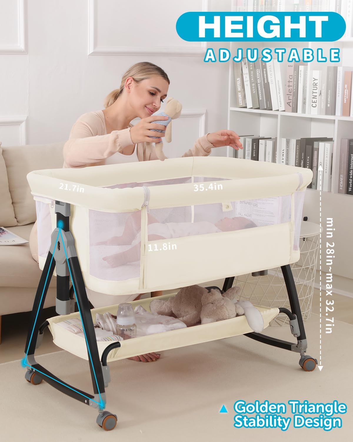Bedside Bassinet for Baby, 3 in 1 Breathable Mesh Baby Bassinet, 6 Height Adjustable, Easy to Assemble, Bassinet Bedside Sleeper with Wheels, Mosquito Net, Storage Basket, Bassinets for Newborn Baby | Multi-functional