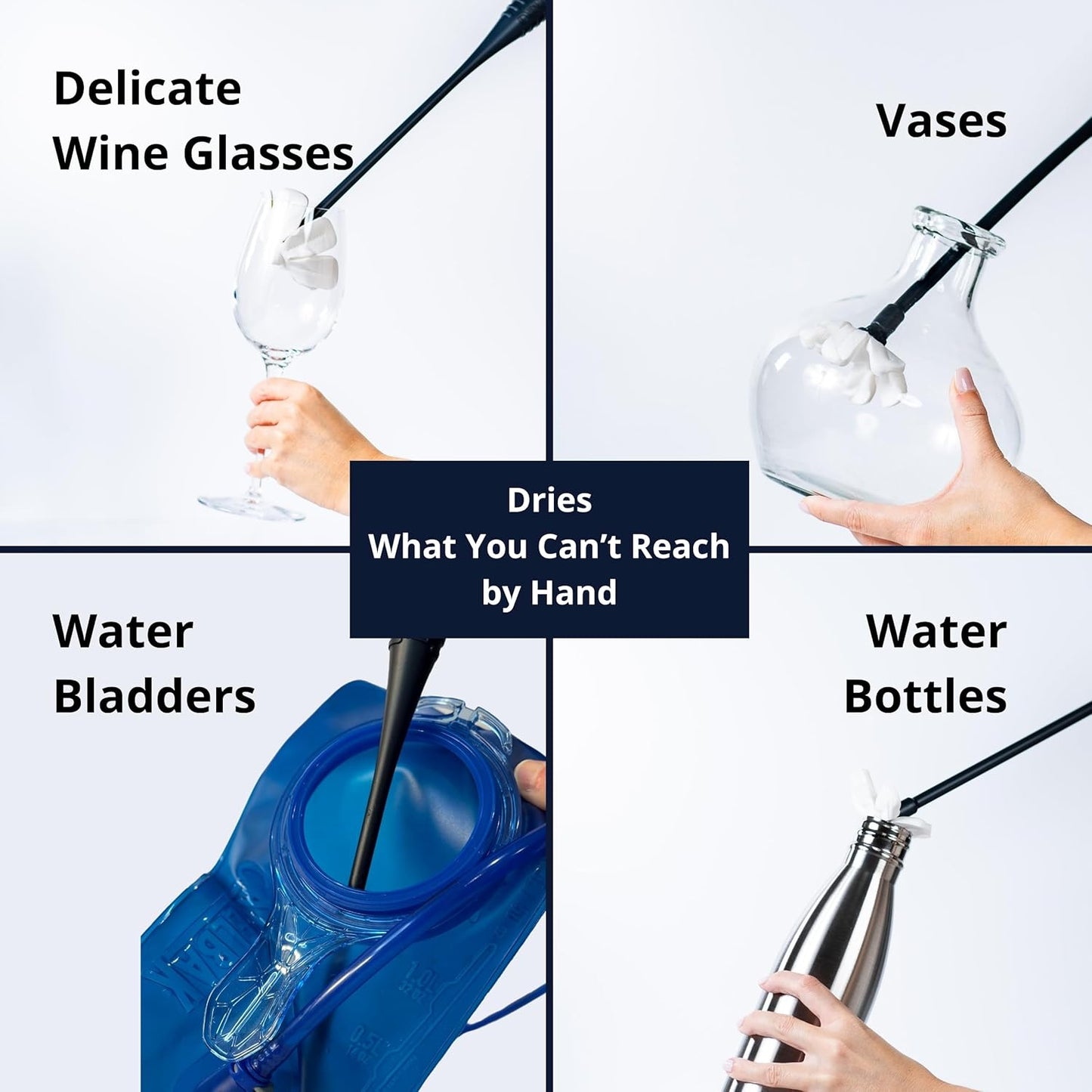 Drying Wand - Narrow Container Dryer (>1.25" Opening) - Water Bottle, Carafe, Wine Glass, Champagne Flute, Hydration Backpack Bladder, Reusable Bags - Rack Alternative. Patented.
