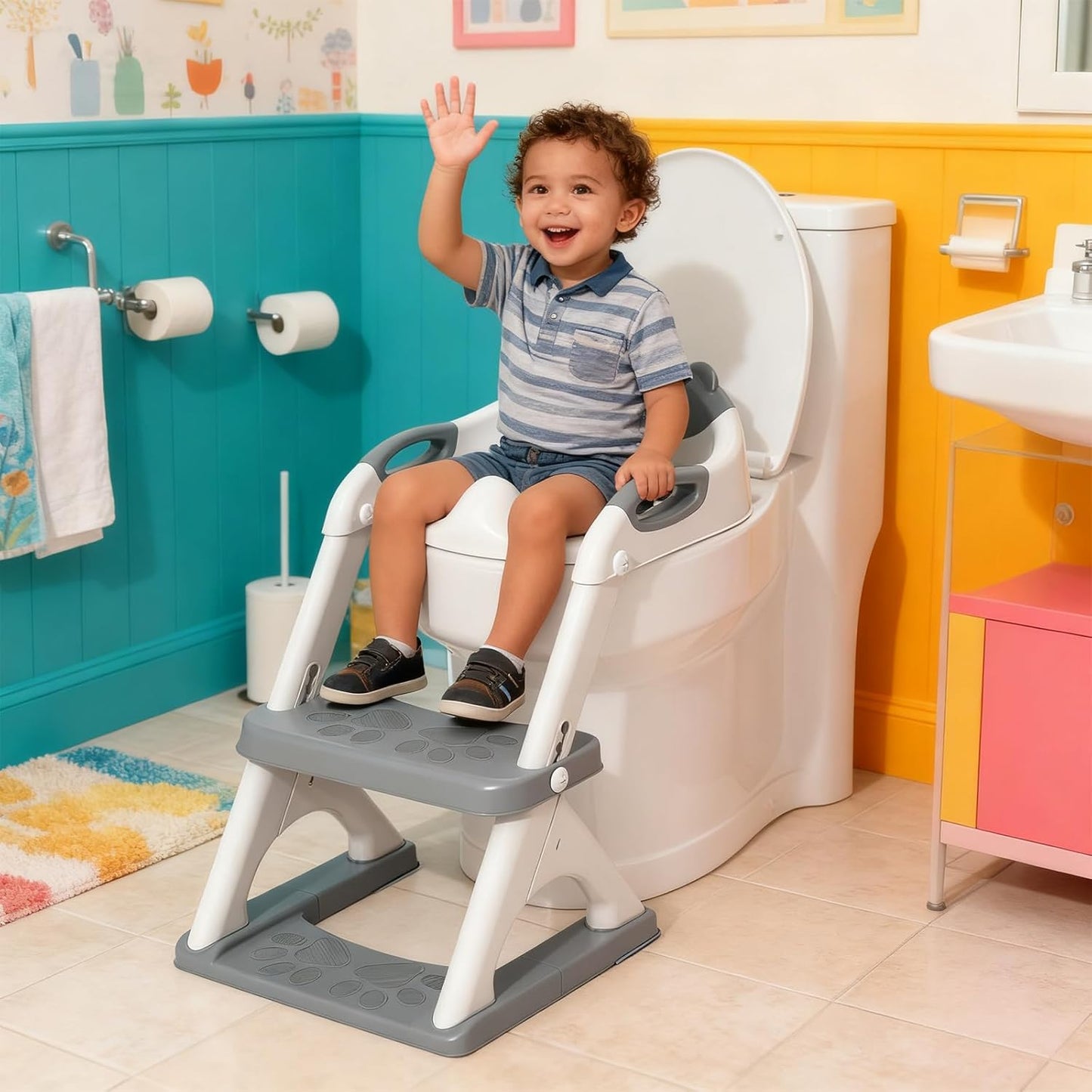 Potty Training Seat, SKYROKU Upgrade Toddler Toilet Seat for Kids Boys Girls, 2 in 1 Potty Training Toilet, Splash Guard Anti-Slip Pad Step Stool,New Sector-Shape Stabilized Base (8899+Grey)