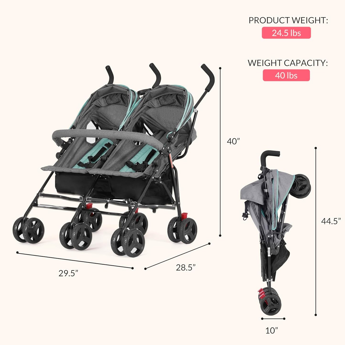 Dream On Me Volgo Twin Umbrella Stroller in Black, Lightweight Double Stroller for Infant & Toddler, Compact Easy Fold, Large Storage Basket, Large and Adjustable Canopy