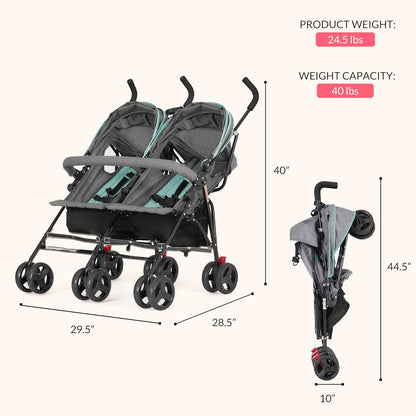 Dream On Me Volgo Twin Umbrella Stroller in Black, Lightweight Double Stroller for Infant & Toddler, Compact Easy Fold, Large Storage Basket, Large and Adjustable Canopy