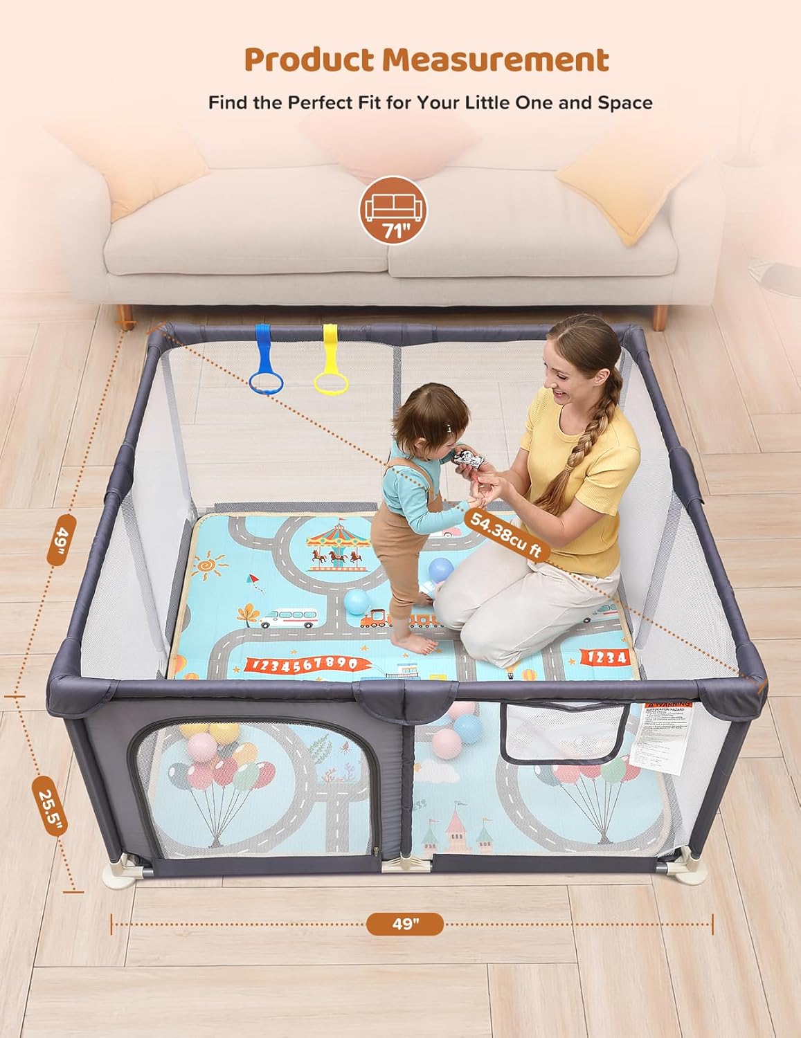 Dripex Baby Playpen, 47"x47" Small Playpen for Babies, Enhanced Safety Baby Play Yard for Indoor & Outdoor, Infant Play Pen with Soft Breathable Visible Mesh, Anti-Fall Design & Easy Setup, Grey