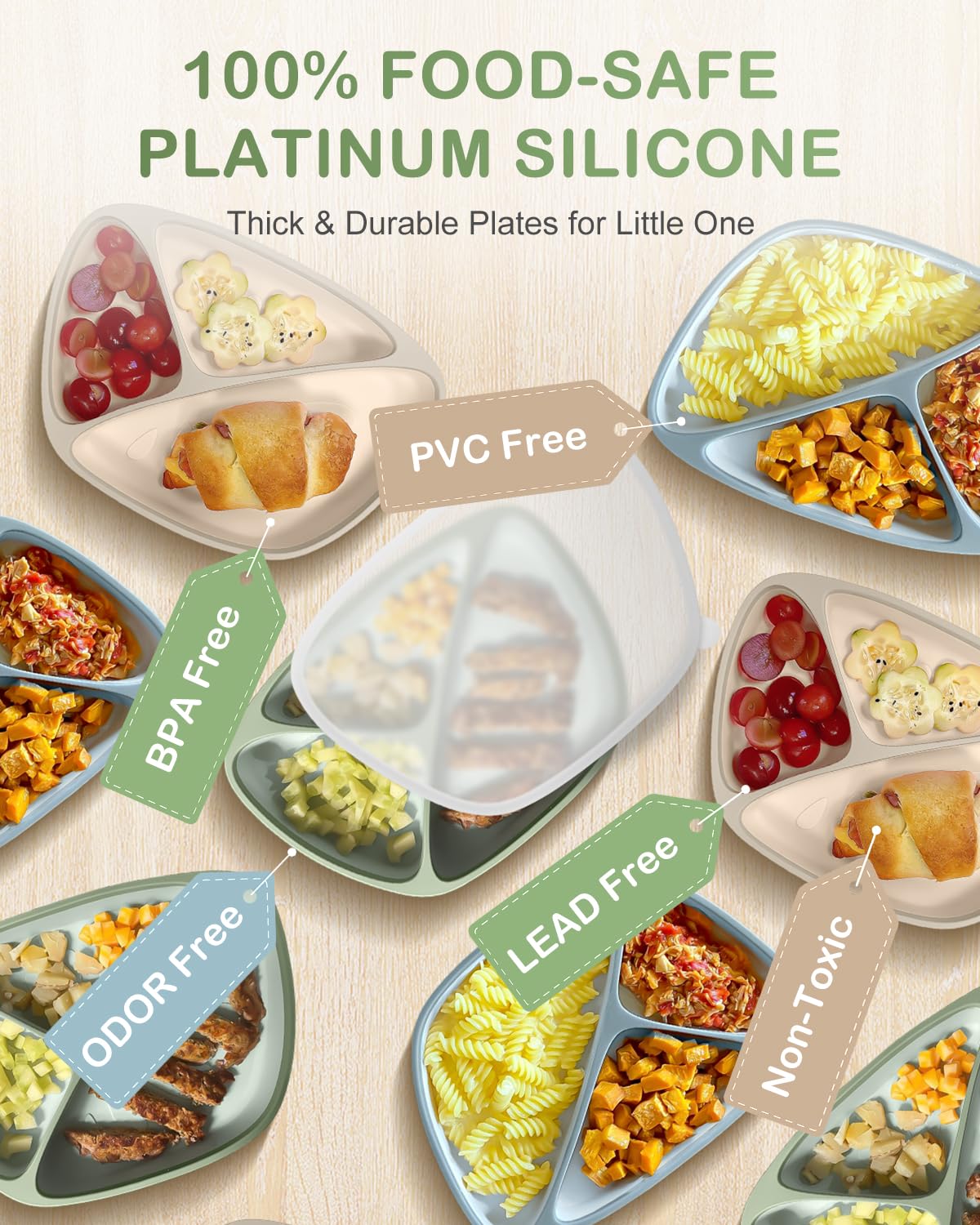 Toddler Suction Plates for Baby, Food Grade Platinum Silicone Baby Plates BPA Free, Divided Suction Toddler Plate Dishes and Spoon Set for Self Feeding, Deeper Design, Dishwasher Safe