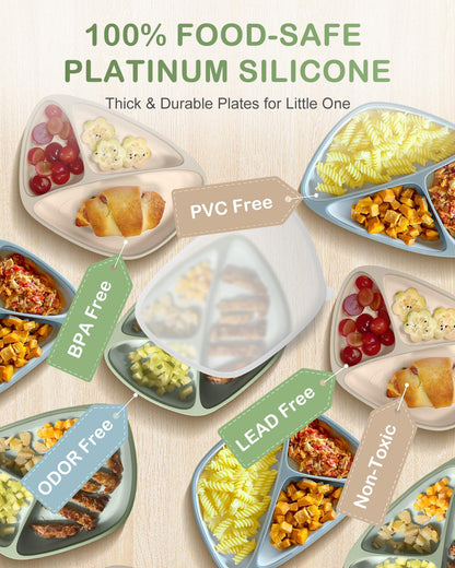 Toddler Suction Plates for Baby, Food Grade Platinum Silicone Baby Plates BPA Free, Divided Suction Toddler Plate Dishes and Spoon Set for Self Feeding, Deeper Design, Dishwasher Safe