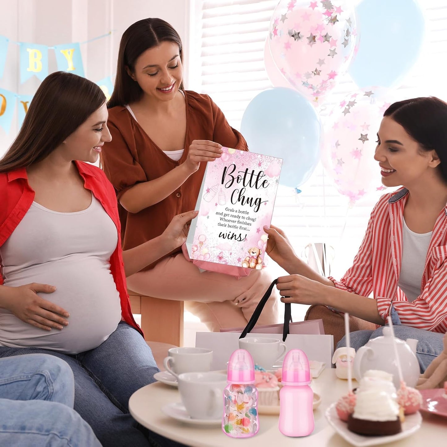 TrelaCo Bottle Chug Baby Shower Game 20 Pcs Baby Bottles Shower Favor with 1 Greenery Theme Sign for Gender Reveal Party Supplies Gifts(Green)