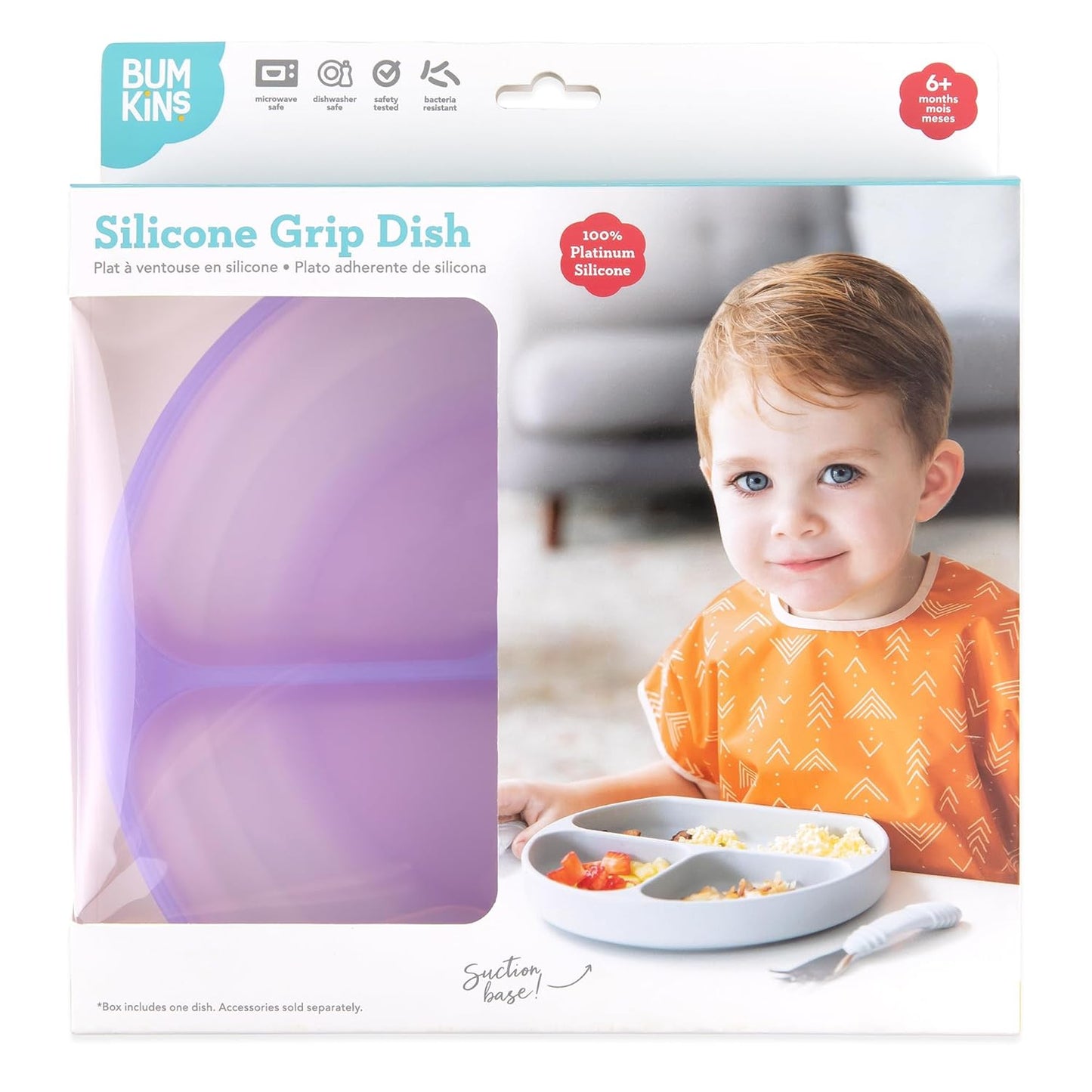 Bumkins Toddler and Baby Suction Plate, Divided Grip Dish for Babies and Kids, Baby Led Weaning, Feeding Supplies, Sticks to Tables and Highchairs, Platinum Silicone, for Chidren 6 Months, Gray