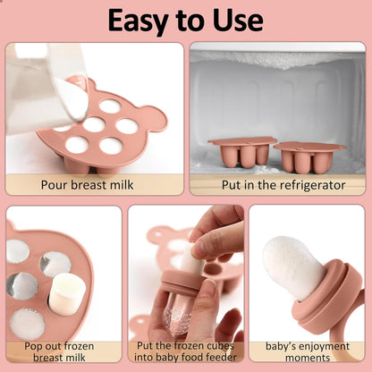 Silicone Baby Fruit Food Feeder & Mini Freezer Nibble Tray, Breastmilk Popsicle Molds for Baby Teething Relief, BPA Free Silicone Teething Toys Feeder for Safe Infant Self Feeding, Extra Food Pouches