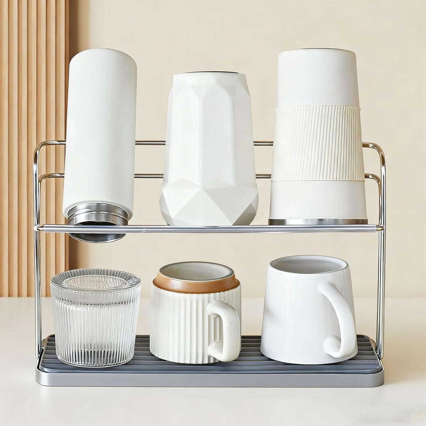 Bottle Drying Rack,Coffee Mug Holder with Drain Tray for Coffee Cup,Water Cup(White)