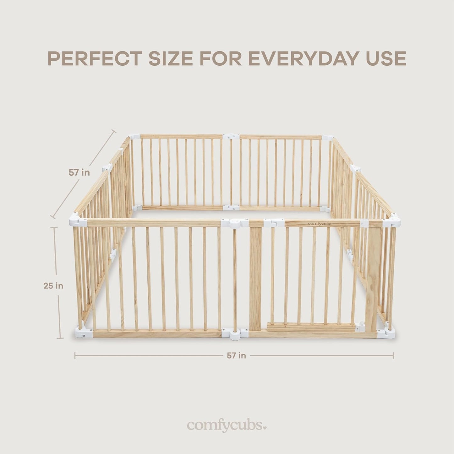 Comfy Cubs Baby Gate Playpen - 57 x 57 x 25 in, Extends Up to 228” - Pine Wood Foldable Playpen with Child-Proof Lock - Easy Assembly Baby Fence Play Area for Babies & Toddlers - Light Wood White