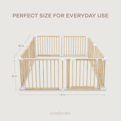 Comfy Cubs Baby Gate Playpen - 57 x 57 x 25 in, Extends Up to 228” - Pine Wood Foldable Playpen with Child-Proof Lock - Easy Assembly Baby Fence Play Area for Babies & Toddlers - Light Wood White