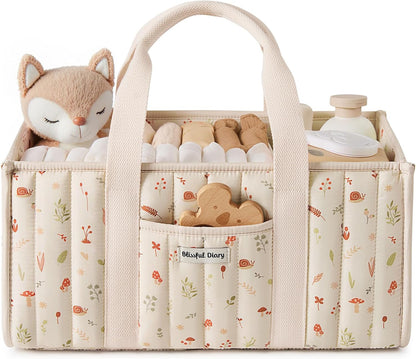 Blissful Diary Floral Diaper Caddy Organizer, Stylish Nursery Storage Basket, Gift for Baby Shower, Newborn Essentials, Floral Beige