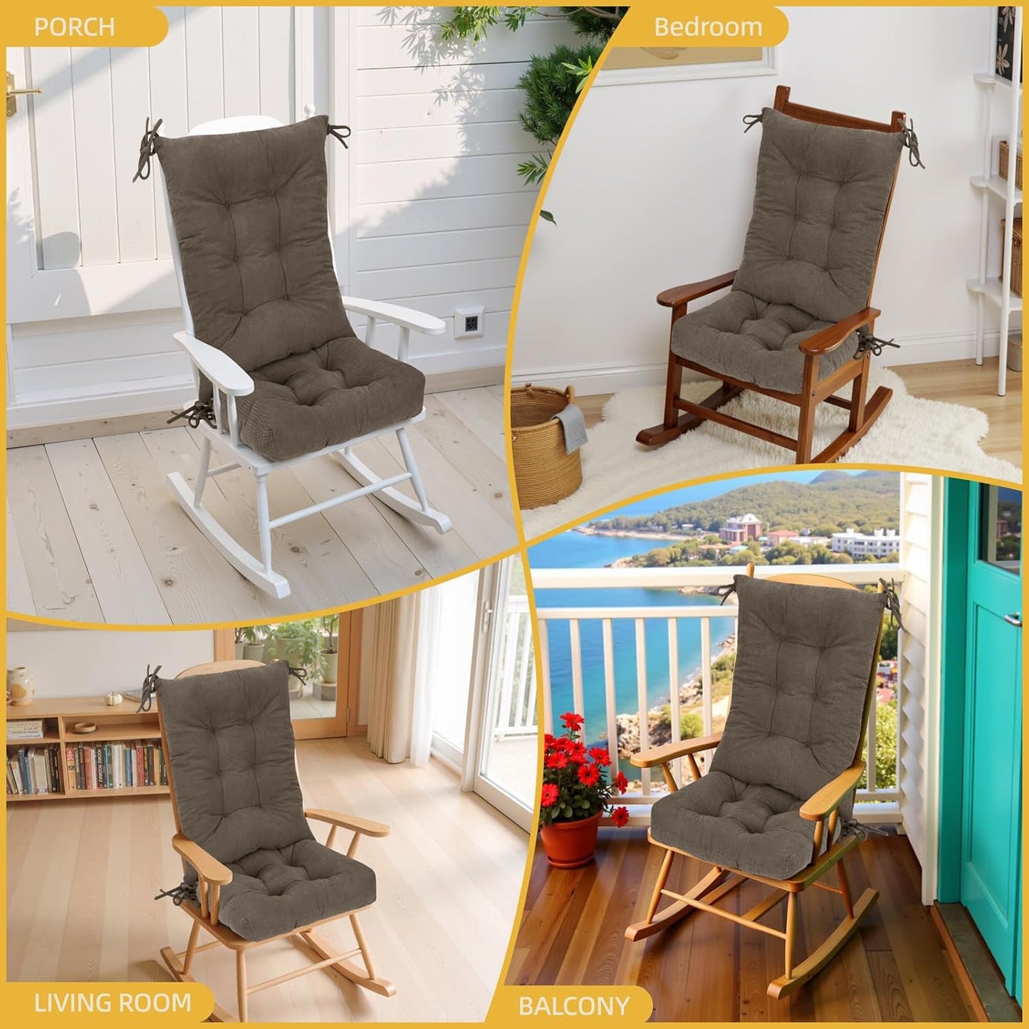 Millsilo Rocking Chair Cushions 3-Piece Set with Neck Pillow, Indoor Rocker Comfortable Tufted Non-Slip Pads with Ties, High-Density Foam Cushion for Adirondack Glider Chair, Orange, 52 x 19 x 4 Inch