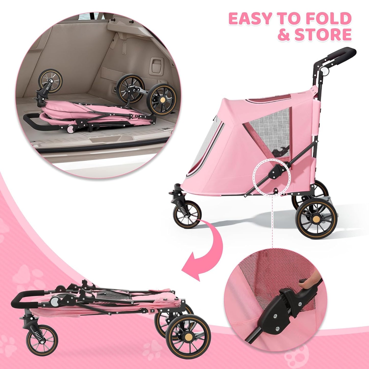 Magshion Compact Pet Stroller for Small-Medium Dogs/Cats up to 22lbs, 4-Wheel Lightweight Umbrella Shaped Portable Puppy Travel Jogger with Breathable Mesh, Cup Holder & Rear Storage, Black