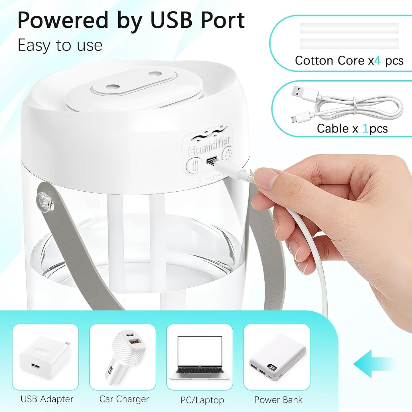 Humidifiers for Bedroom, 25dB Quiet Cool Mist Humidifier for Home, 2L Top Fill Tank for Large Room with 24H Runtime, Carry Handle, NightLight, 12H Auto Shut-off Safety for Nursery/Office/Plants