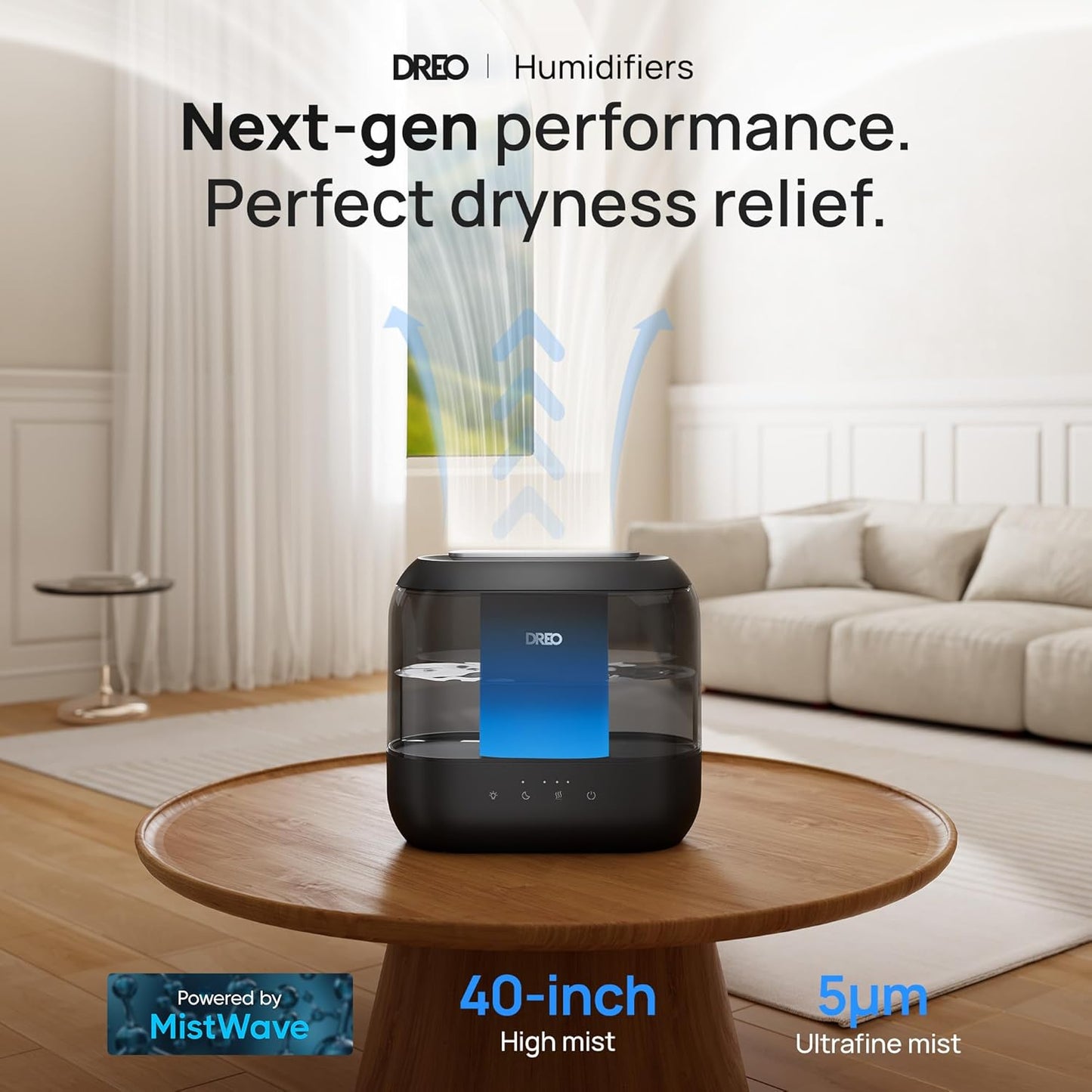 Dreo Humidifiers for Bedroom, 4L Top Fill for Large Room, 36H Runtime, 28 dB Quiet Supersized Cool Mist Air Humidifier for Baby Nursery, Plants, Indoor, Night Light, Easy to Clean & Fill, White