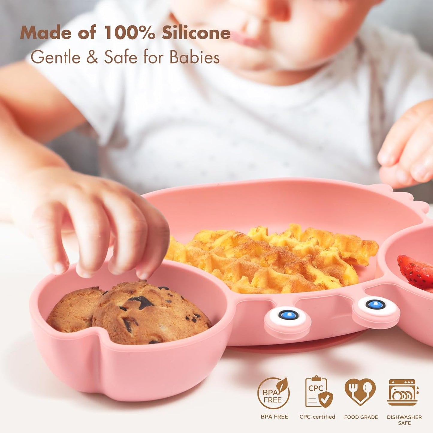 ROCCED Suction Plates for Baby, Silicone Plates with Suction Divided, Baby Spoon Fork Set for Toddler Baby Dishes Kids Utensils-Crab Dusty Blue