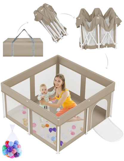 Foldable Baby Playpen 50"×50", Playard for Babies and Toddlers, Portable Safety Baby Fence Lightweight,No Installation, Indoor & Outdoor Playpen with Ocean Balls*50, Grey