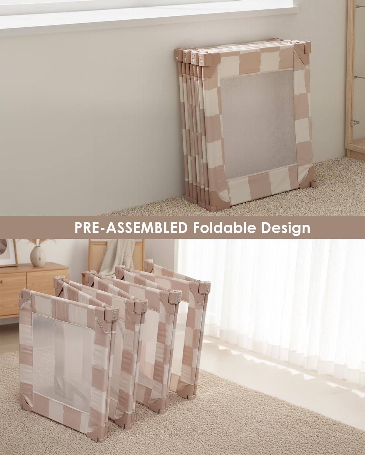 Baby Playpen for Babies and Toddlers, Upgraded 50x50 Inch Foldable No Assembly Required Play Yard with Breathable Mesh, Safe Playard with Gate, Indoor & Outdoor Infants Play Pen (1pc-Sand Checks)