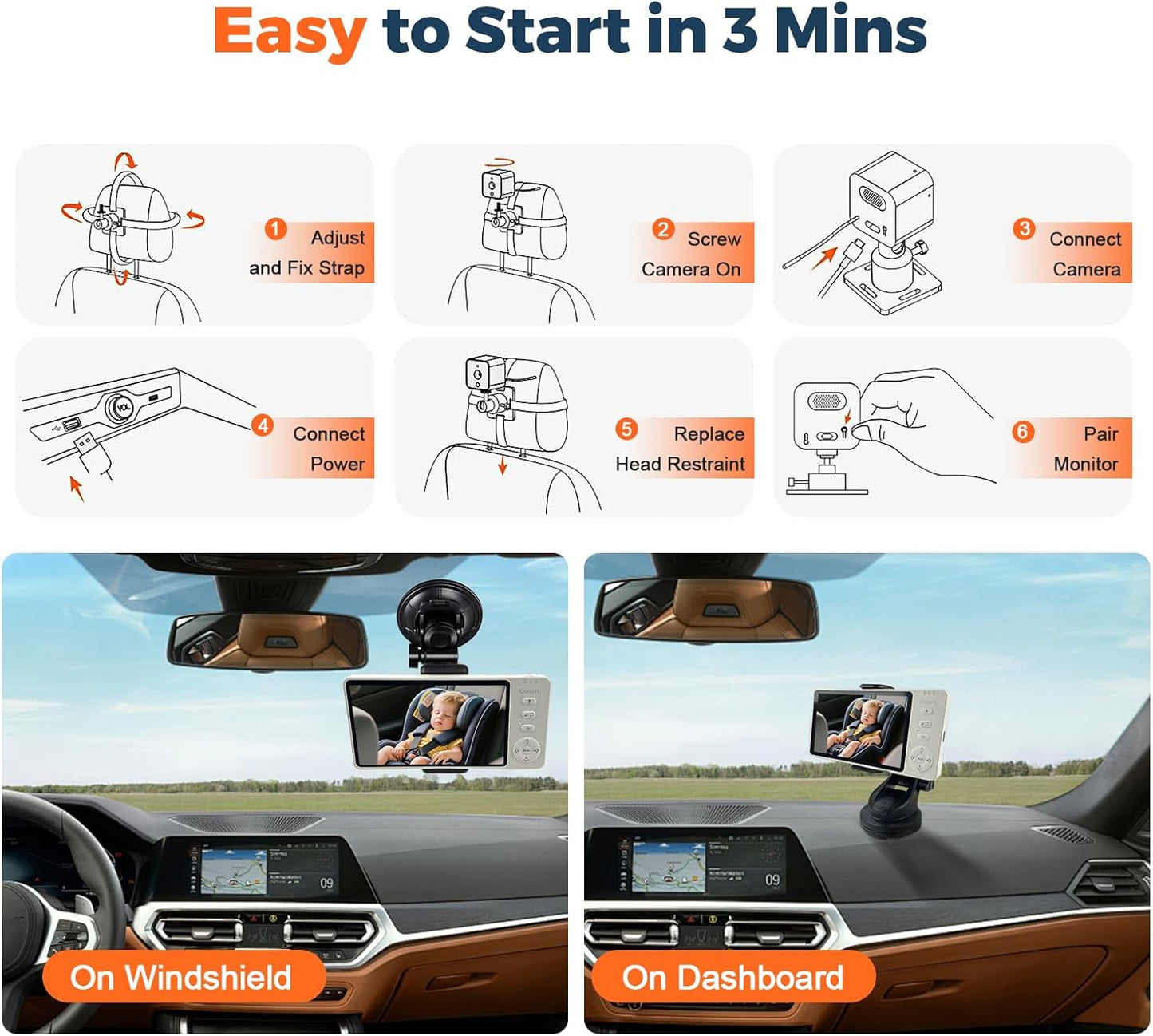 Wireless Baby Car Camera with 5-inch HD 1080P IPS, USB-Powered 360° Rotating Rear Seat Monitor (1000 ft)Auto/Manual Night Vision & VOX Mode, HD Display for Car Backseat Home Baby Pet (White A)