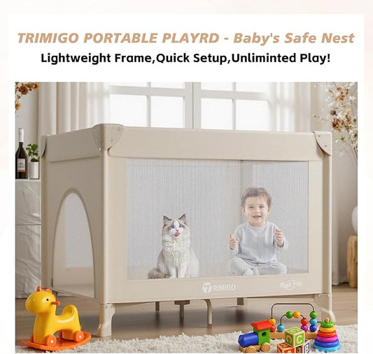 Portable Travel Crib & Playpen - Baby Safe Folding Travel Bed w/Mattress, Breathable Mesh | Compact Lightweight Baby Bed | Pack and Play for Babies & Toddlers (Khaki)