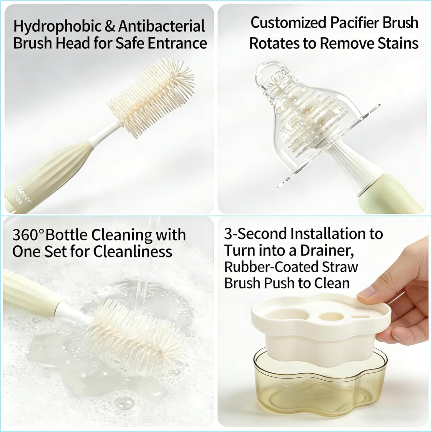 Baby Bottle Brush Kit with Push-Press Bubble and Drying Rack for Bottle Cleaning, Bendable Bottle Cleaner Brush for Baby Bottles, Breast Pumps, Nipples, Straws and More. Perfect for Home&Travel (Pink)