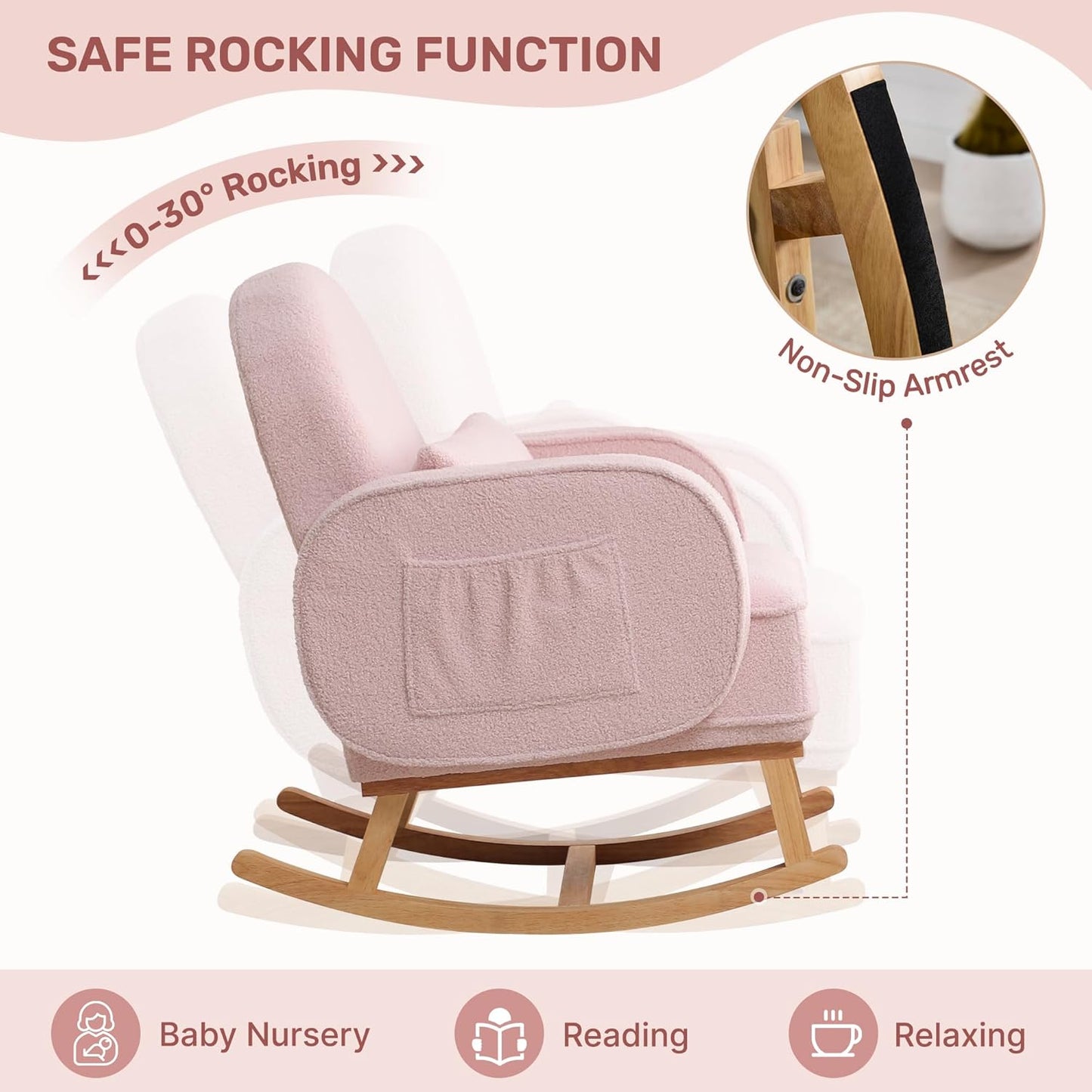 HCHAIRH Nursery Rocking Chair with Ottoman, Upholstered Glider Rocker with High Backrest Side Pocket, Rocking Accent Armchair with Solid Wood Legs for Nursery, Living Room, Bedroom, Light Grey