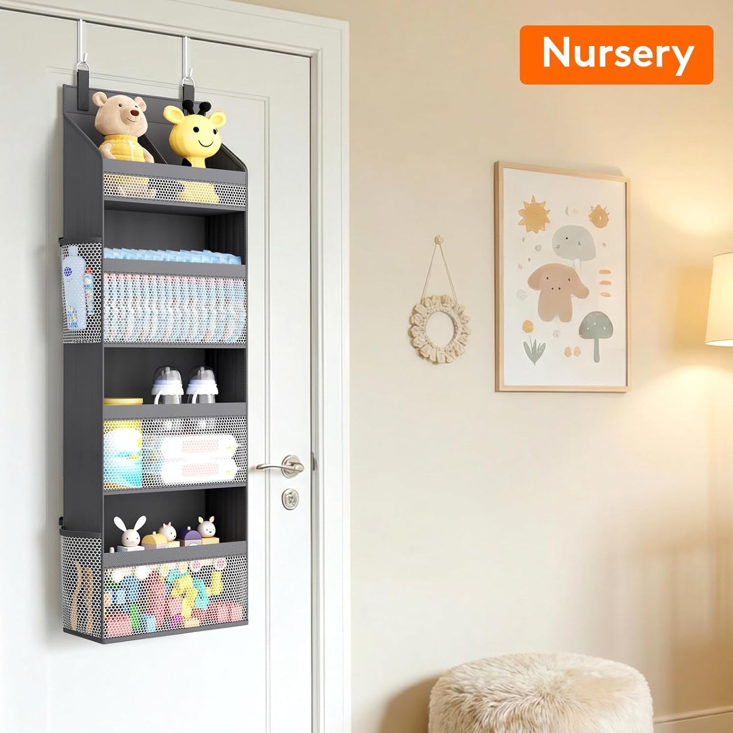 Lifewit 4 Tier Over the Door Diaper Organizer for Nursery, Large Heavy Duty Hanging Storage with 4 Mesh Side Pockets, Sturdy Back of Door Shelf for Baby Stuff Toy in Pantry, Laundry, Bathroom, Gray