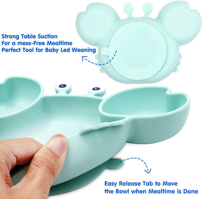 Silicone Suction Plate for Toddlers with Fork Spoon Set - Self Feeding Training Divided Plate Dish and Bowl for Baby and Toddler, Fits for Most Highchairs Trays (Green)