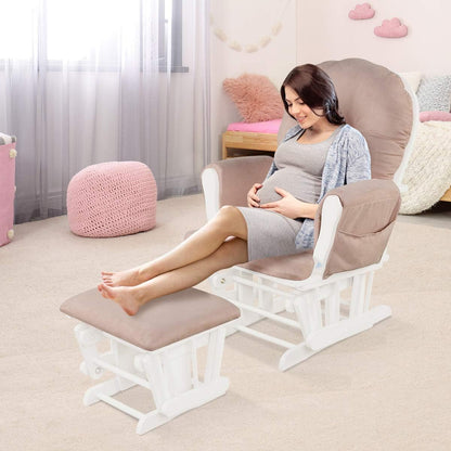 Costzon Nursery Glider with Ottoman, Upholstered Comfort Glider Rocker with Padded Cushion, Storage Pocket, Solid Wood Base, Rocking Chair Nursery for Breastfeeding, Napping (Light Gray)