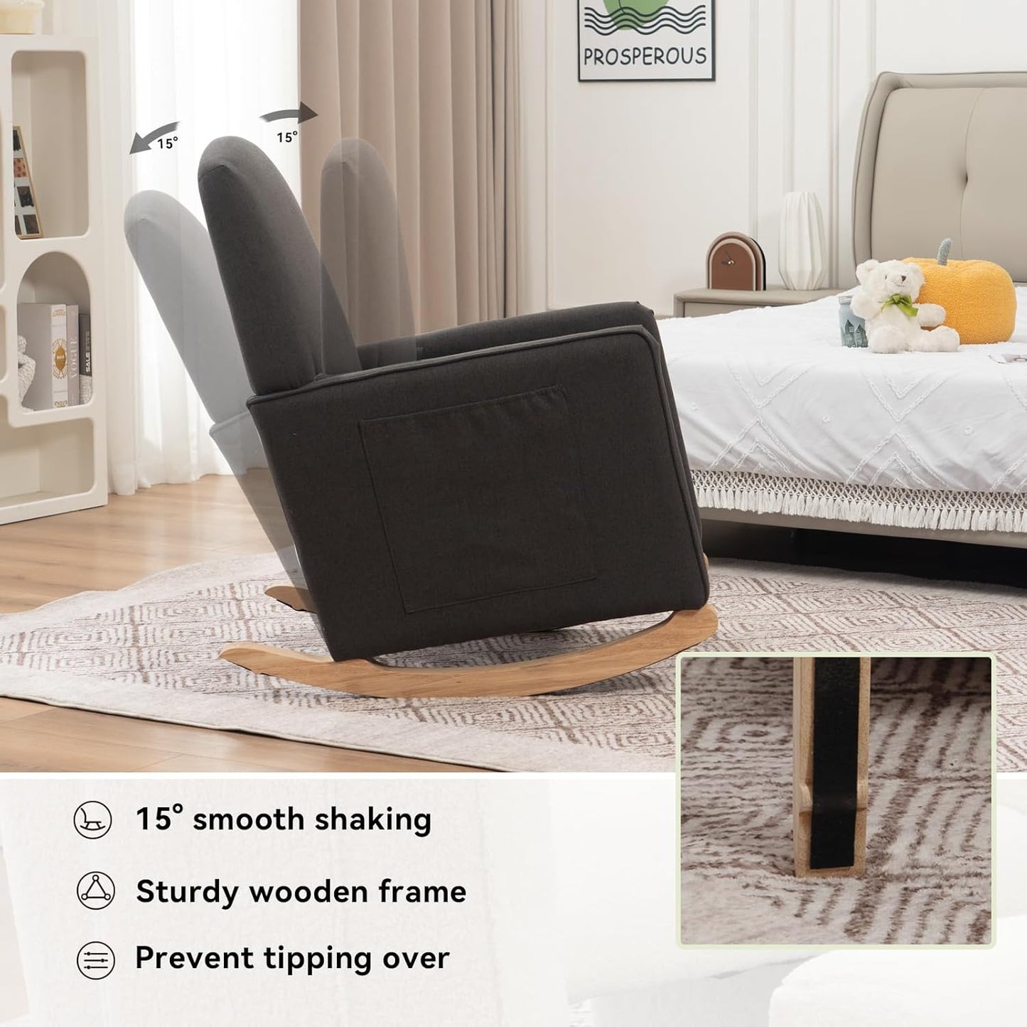 FOXHUNTER Rocking Chair Nursery with Adjustable Footrest and High Backrest, Upholstered Glider Chairs with Side Pockets for Nursery, Rocker Armchair Indoor for Living Room,Beige