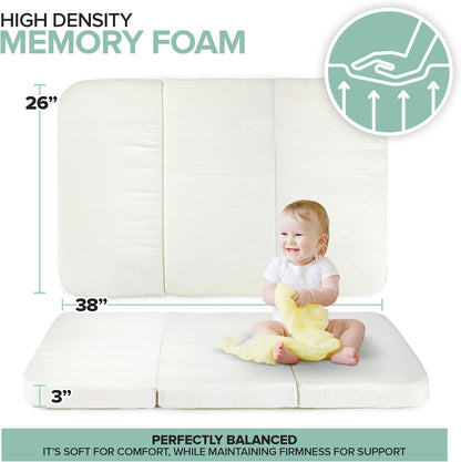 Foldable Travel Pack n Play Mattress Pad with Bag, Waterproof Portable Mini Crib Mattresses, Baby Bed Playpen Memory Foam Topper, Playard Pen Accessories, Traveling Case Included