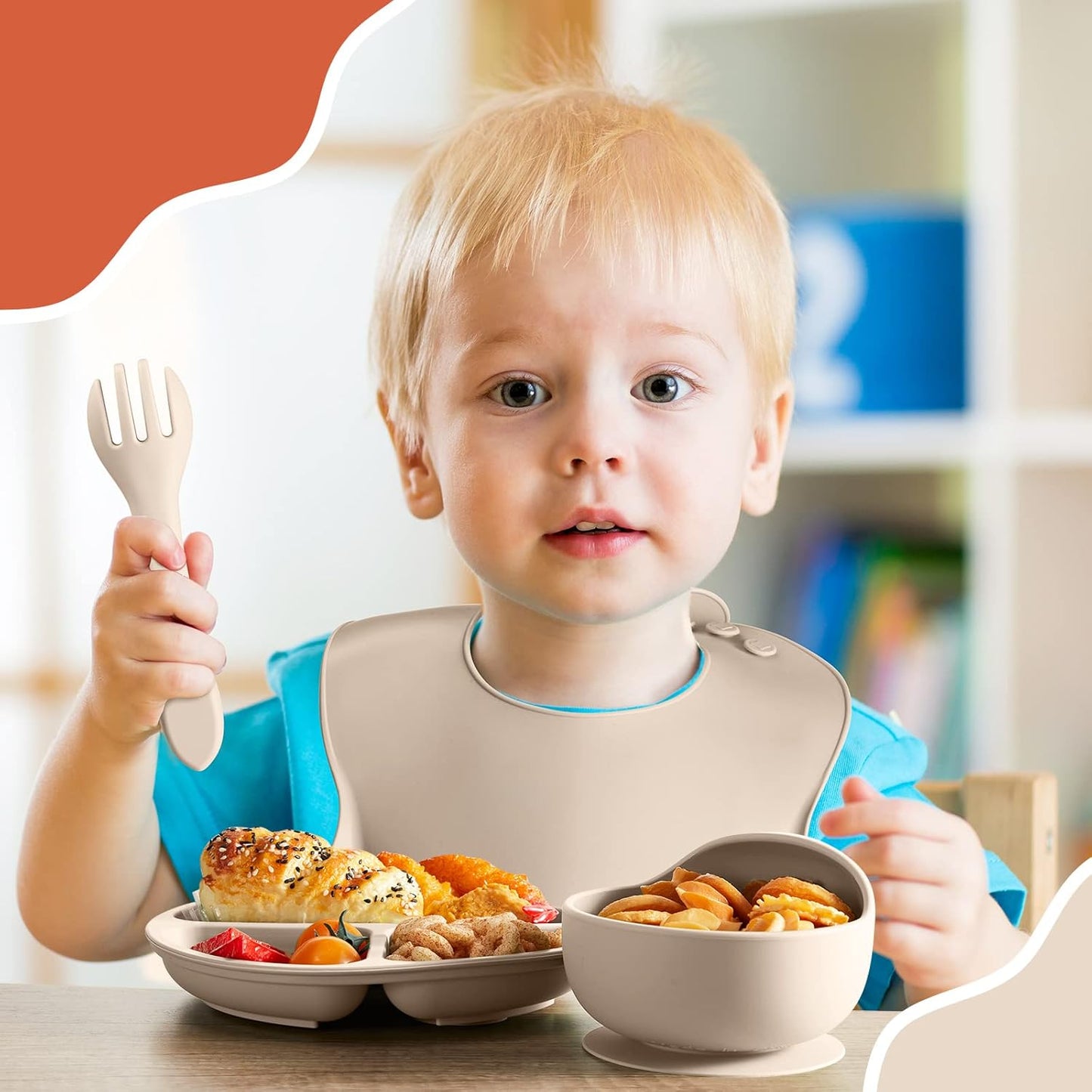 10 Pack Silicone Baby Feeding Set, Toddlers Led Weaning Feeding Supplies with Suction Baby Bowl Divided Plate Adjustable Bib Soft Silicone Spoon Fork, Infant Self Eating Utensil Set (Gray, Khaki)