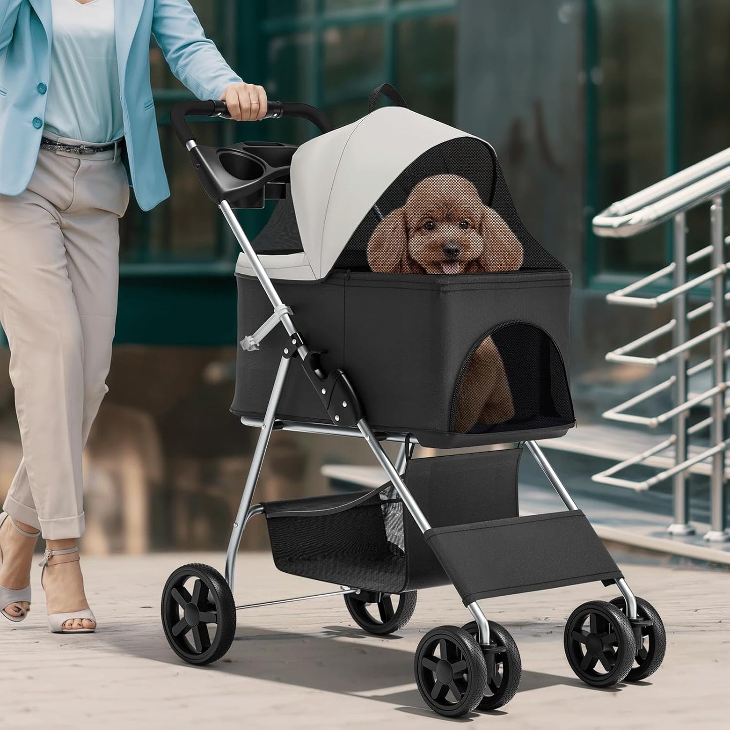Magshion Compact Pet Stroller for Small-Medium Dogs/Cats up to 22lbs, 4-Wheel Lightweight Umbrella Shaped Portable Puppy Travel Jogger with Breathable Mesh, Cup Holder & Rear Storage, Black
