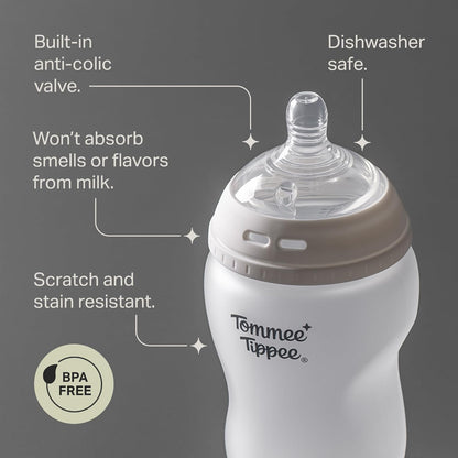 Tommee Tippee Silicone Coated Glass Baby Bottles for Feeding, 9 0z, Anti-Colic, 0+ Months, Slow Flow Breast-Like Nipple, Shatter-Proof Glass, BPA Free, Pack of 2