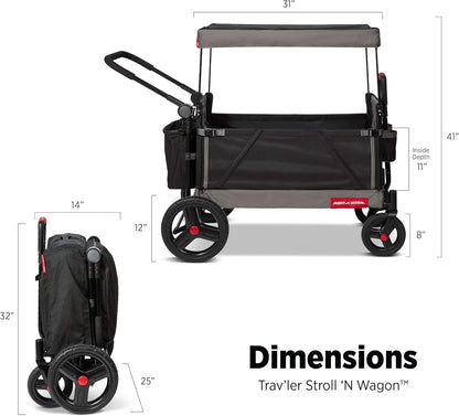 Radio Flyer City Luxe Stroll 'N Wagon, for Ages 1+, 3-in-1 Push or Pull, with Bench Mode, Easy Fold, UV Canopy, 5-Point Harnesses, Front Caster Wheels & 12" Rear Wheels, Stroller Wagon for Kids