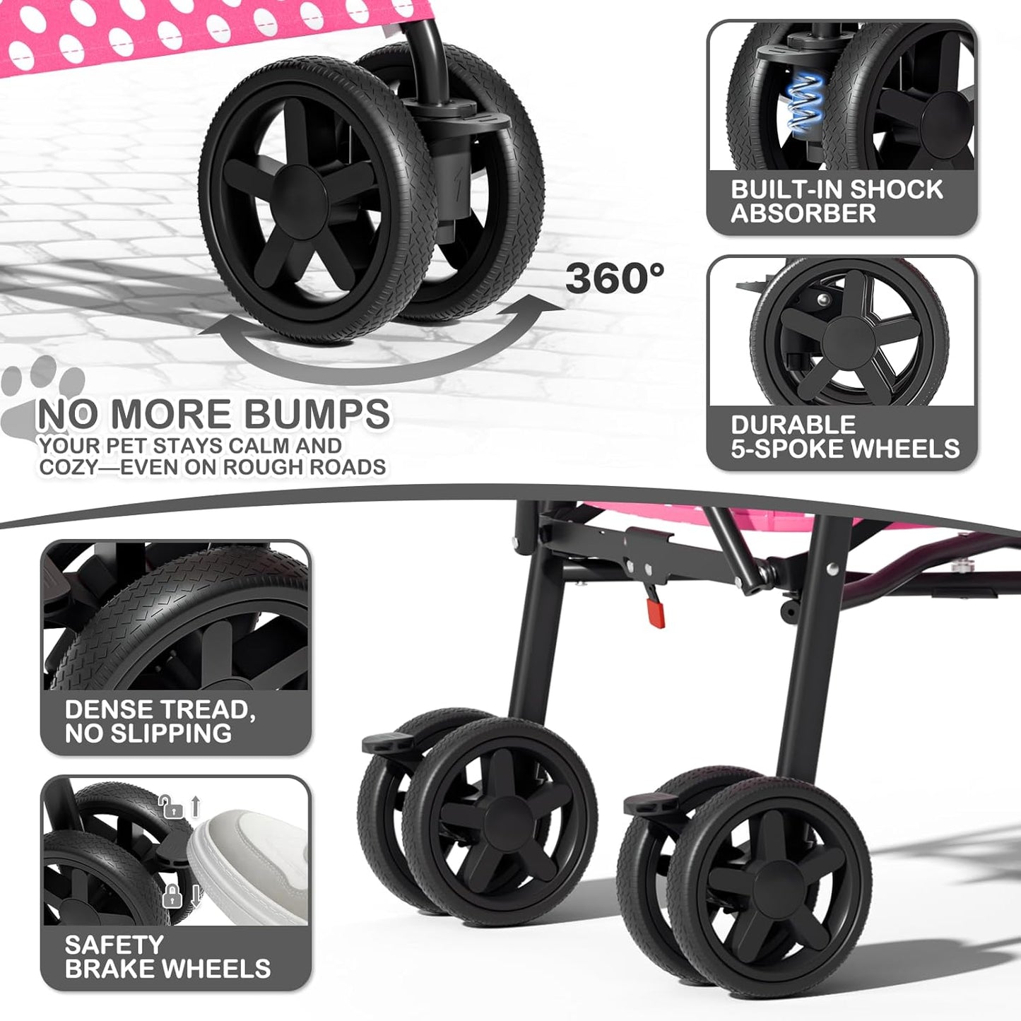 MoNiBloom 4 Wheels Pet Stroller, Easy-Fold Puppy Cage Jogger Stroller with Sun Cover, Pad and Rear Storage Bag, Breathable and Visible Mesh for Small/Medium Pets up to 22 lbs, Black